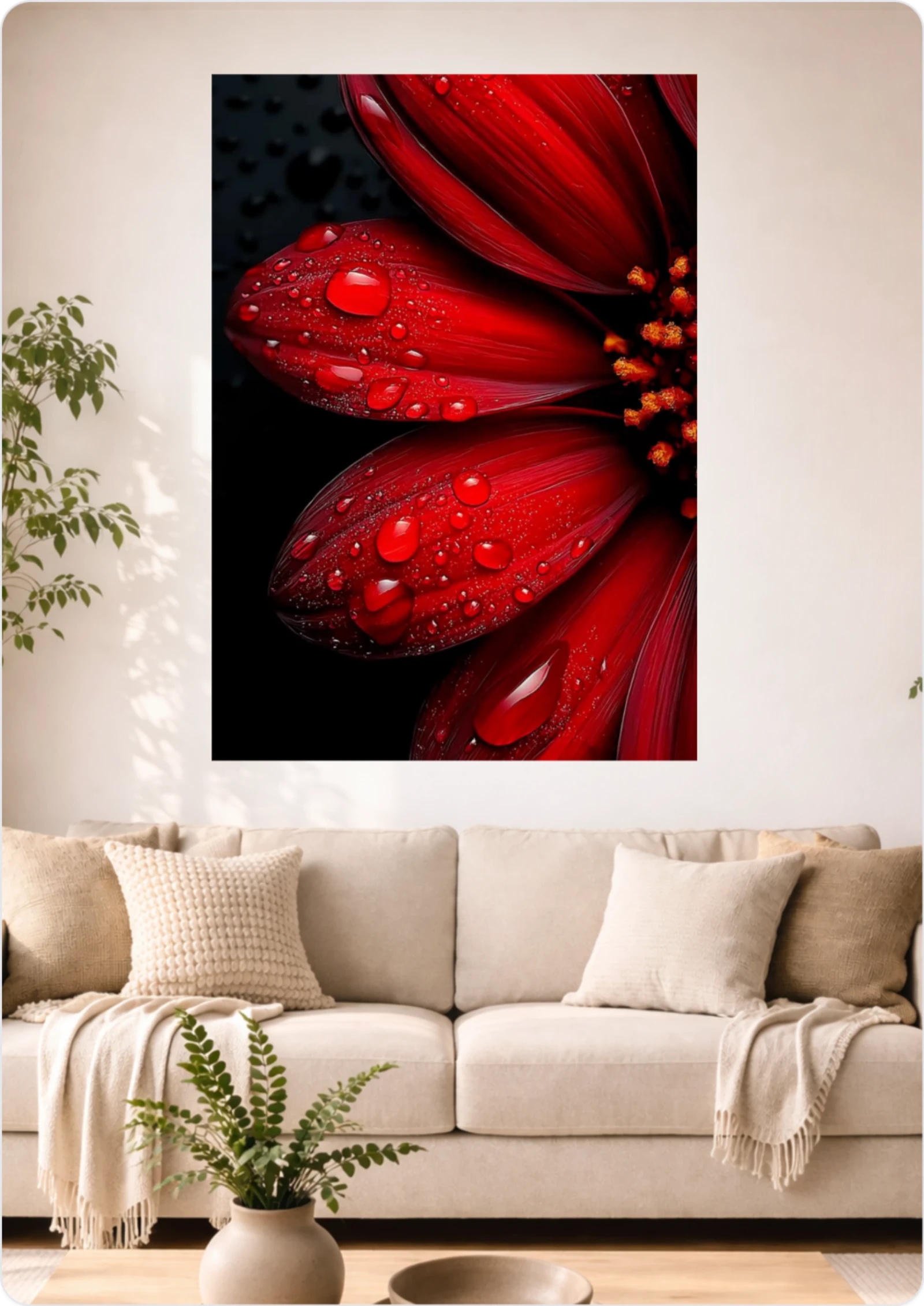 Affiche Fleur Rouge Macro A3 Sans Cadre – Poster Floral Élégant avec Gouttes d’Eau